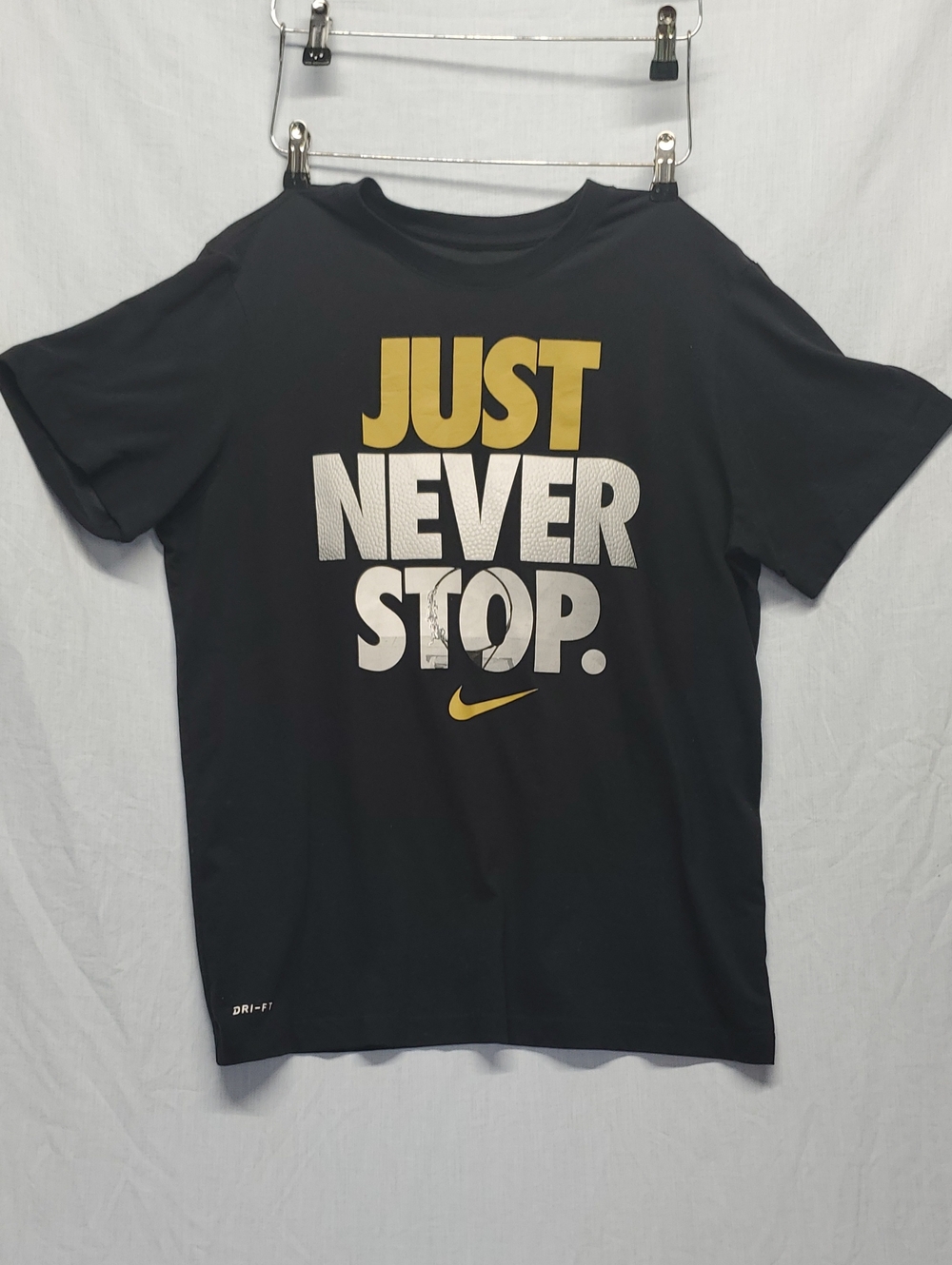 Nike Black Short Sleeve Tee with Gold & White 'Just Never Stop' Graphic #223